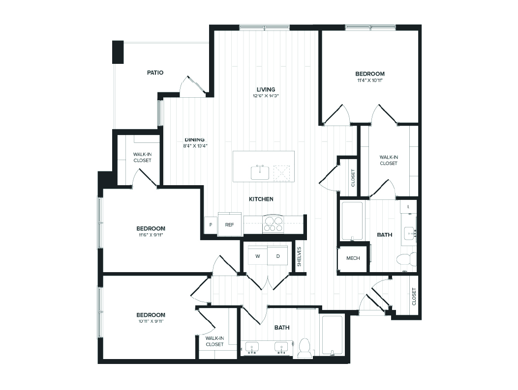Floor plan for 3 beds, 2 baths, 1312 sqft